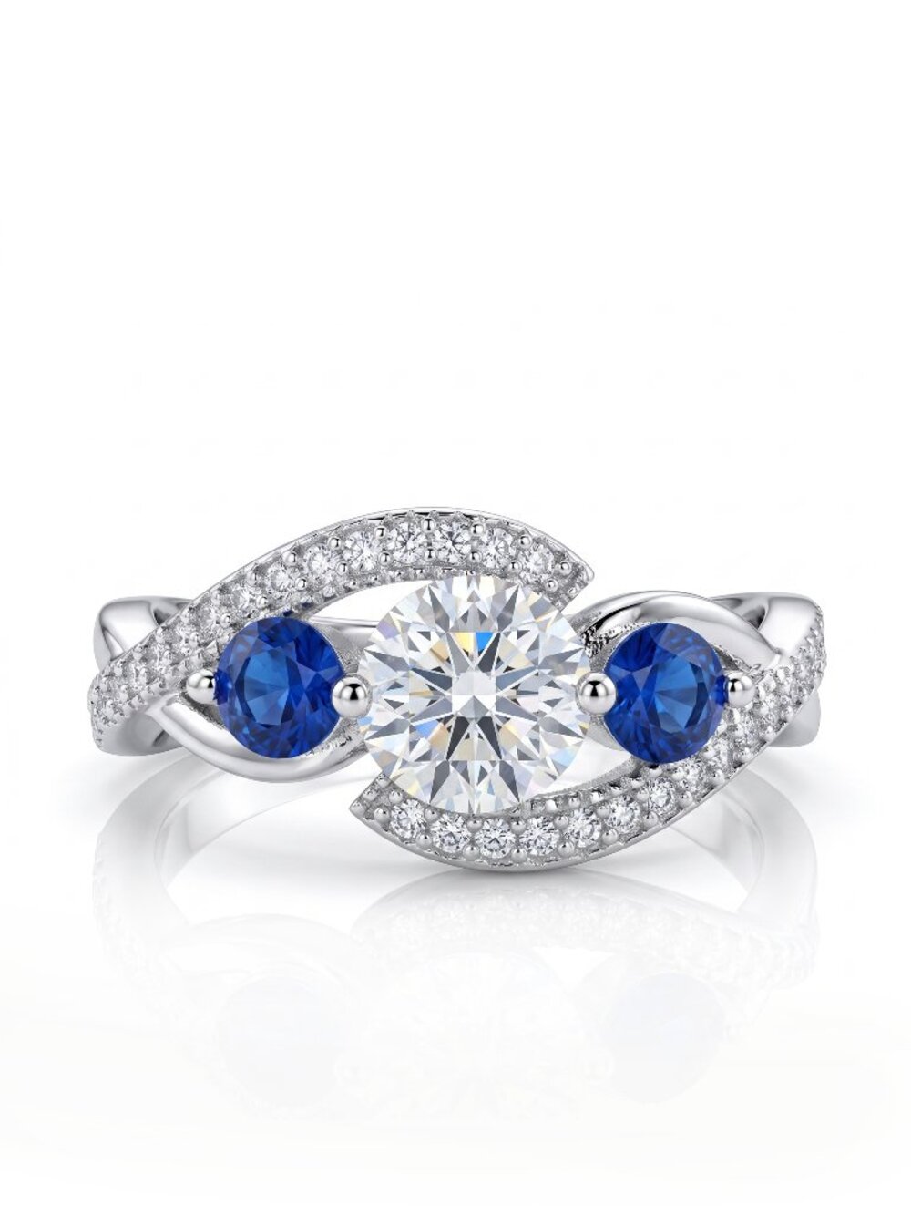 Blue Sapphire Round Gemstone Ring with Pavé accents, 925 Sterling Silver